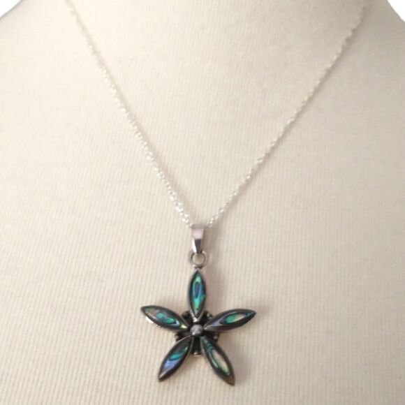 Abalone Star Sterling Necklace 925 Silver Pendant Daisy Flower 18" Beach Coastal - Picture 2 of 16